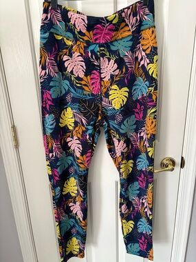 POP Fit Tropical Leaf Leggings in Navy with Pink, Yellow & Teal Accents